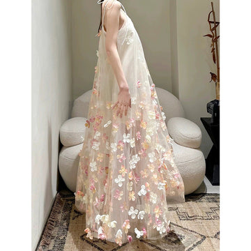 Fairy Multicolored Flower NetÉ´ Dress 2024 New Dream Sweet Sleeveless Suede Dress